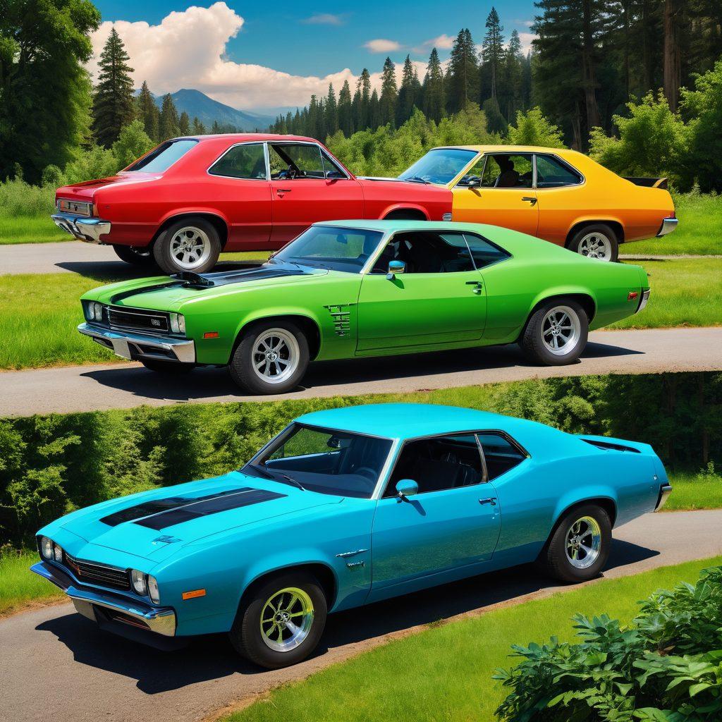 A split scene illustrating the evolution of cars: on one side, a classic gas guzzler with smoke and exhaustion, on the other, a sleek electric vehicle surrounded by greenery and nature. In the middle, a gear shift symbolizing transition with icons representing sustainability like leaves and solar panels. Creative and inspiring atmosphere. vibrant colors. super-realistic.