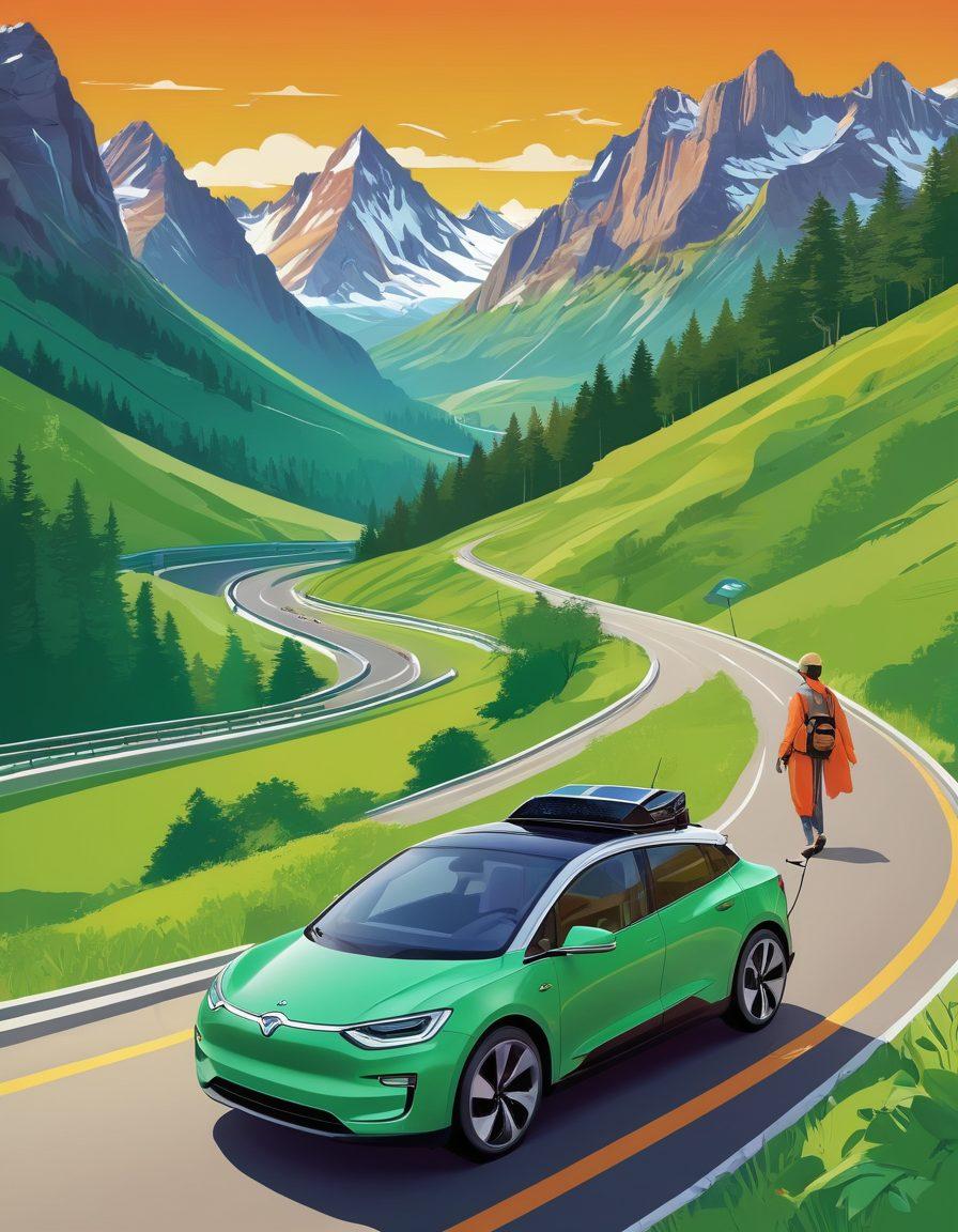 A vibrant collage showcasing a dynamic lifestyle of auto enthusiasts and eco-conscious travelers, featuring a sleek electric car driving through a scenic green landscape, with elements like a winding road, lush forests, and mountains in the background. Include travel gear such as backpacks and solar panels to represent eco-consciousness. Evoke a sense of adventure and freedom. vector art. bright colors.