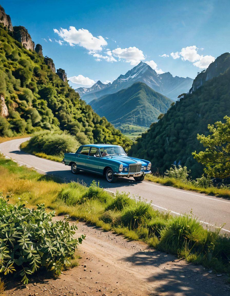 A dynamic scene showcasing a vintage car parked on a picturesque road surrounded by lush greenery, with an adventurous traveler capturing the moment with a camera. In the background, a scenic mountain range under a clear blue sky enhances the sense of exploration and freedom. Incorporate elements of lifestyle and travel, such as a picnic setup near the car and travel gear scattered invitingly. super-realistic. vibrant colors. natural landscape.